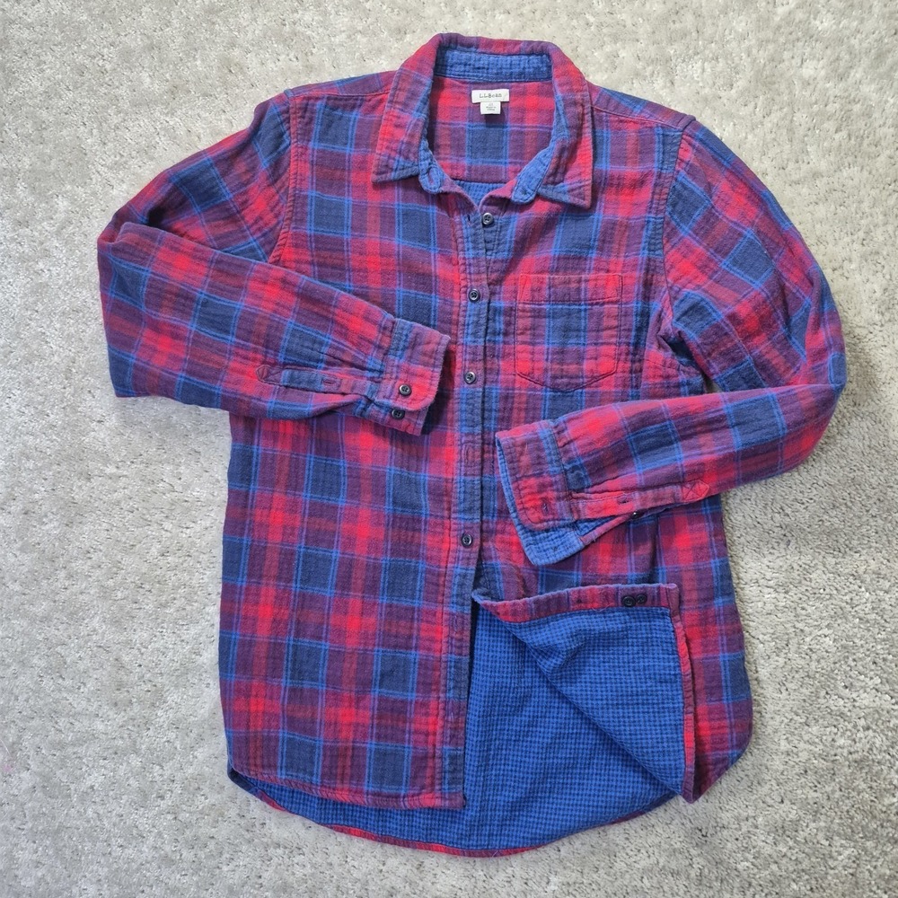 LL Bean Womens Flannel Shirt Medium Red Jewel Double Knit Button Up Outdoor Work - Picture 2 of 11